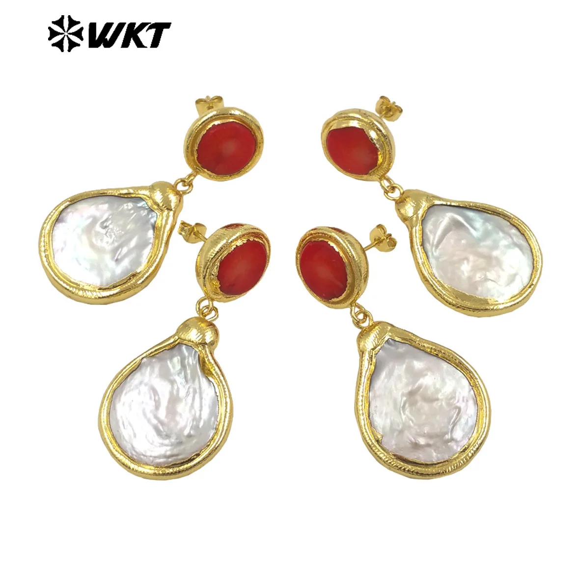 WT-MPE141 New Styles Fashion 18K Real Gold Plated Big Teardrop Freshwater Pearl With Round coral studs Long Dangle Earrings