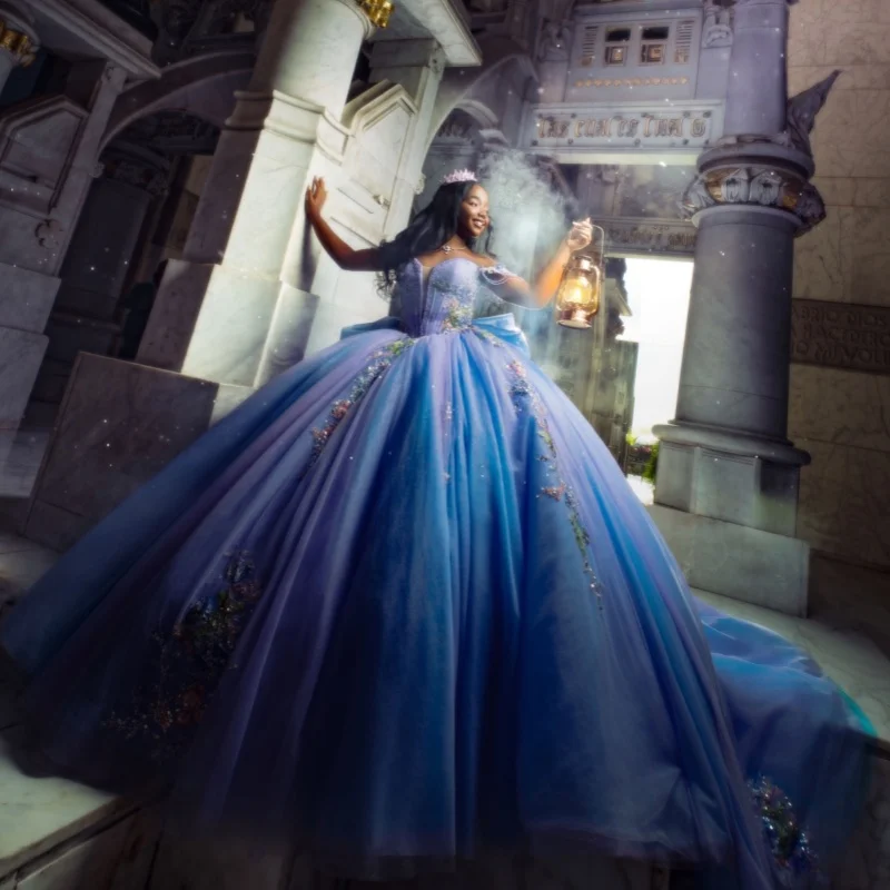 

Lavender Quinceanera Dress off-shoulder Glitter Flower Crystal Decal Long tail Big Bow vestidos de 15 Quinceanera ﻿Customized