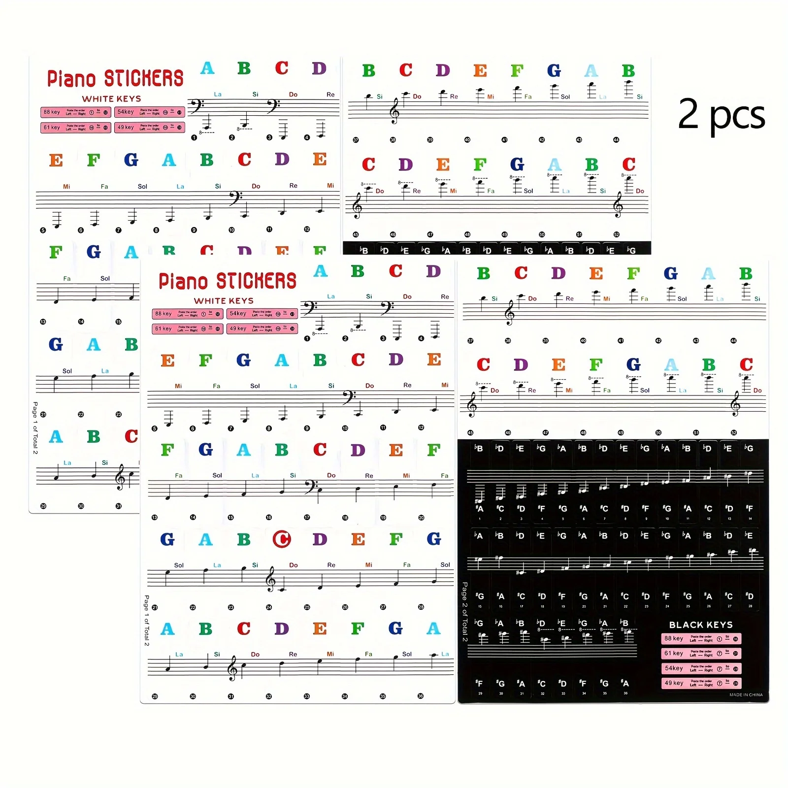 2 sets of piano keyboard stickers, 88/61/54/49 keys with removable colored note labels, beginner letter piano stickers