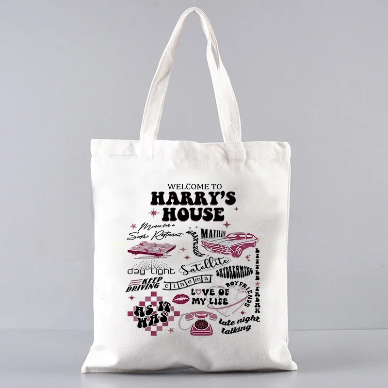 

Welcome To Harry's House Pattern Canvas Tote Bag Best Gift for Harry's Fans HS Merch Essentials for Music Lover Shopping Bag