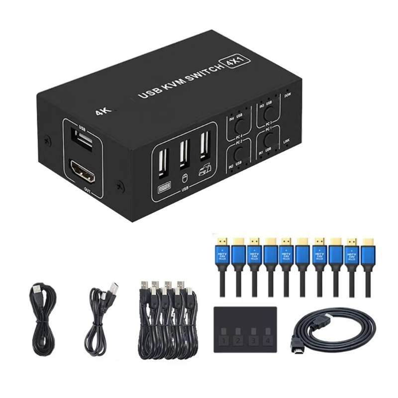 

KVM-переключатель USB 4 в 1 с выходом 4K при 60 Гц Kvm-переключатель для 4 компьютеров Общий 1 монитор Клавиатуры Мышь USB для