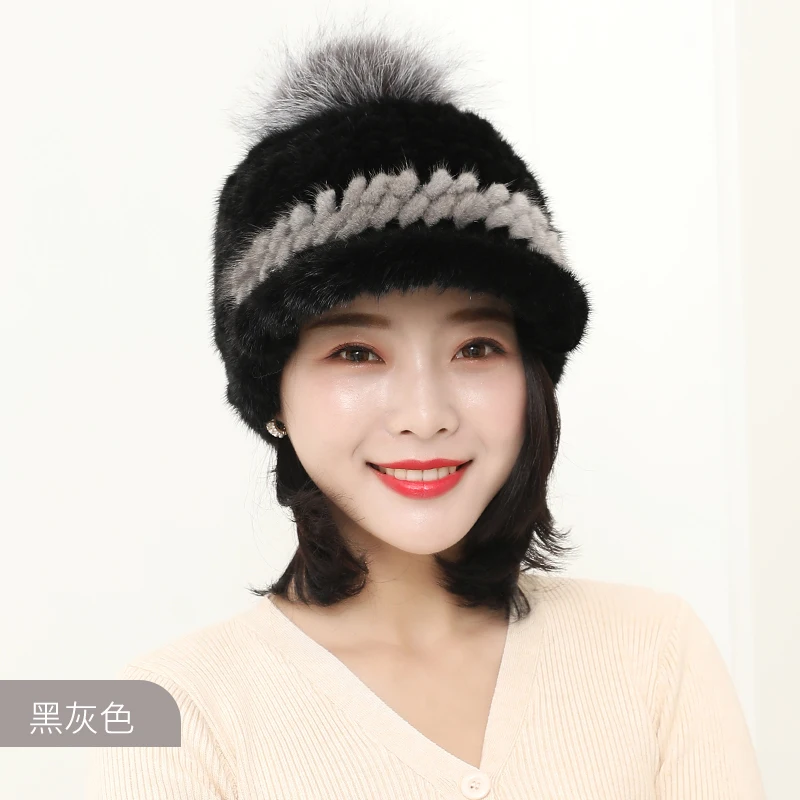 Natural Mink Fur Hat For Women Winter Handmade Knitted Genuine Mink Fur Hats Thickened Warm Fashion Fur Hat With Fox Fur Ball