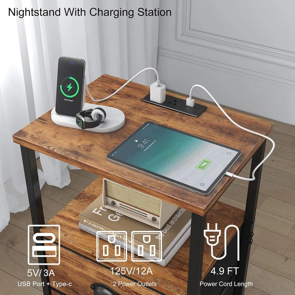 مجموعة منضدة صناعية ريفية مكونة من 2، طاولة بجانب السرير مع درجين قماشين، تخزين من 3 طبقات، إضاءة LED، محطة شحن #2