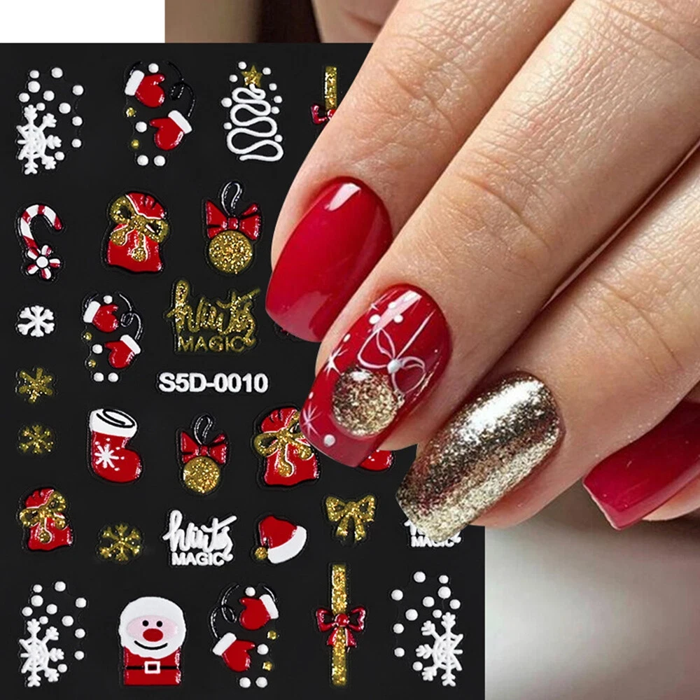 ﻿ 1 foglio 5D adesivi per unghie natalizi laser oro riflessione glitter fiocchi di neve fiocchi di Babbo Natale fiocchi campanelle regalo calzini decalcomanie per unghie