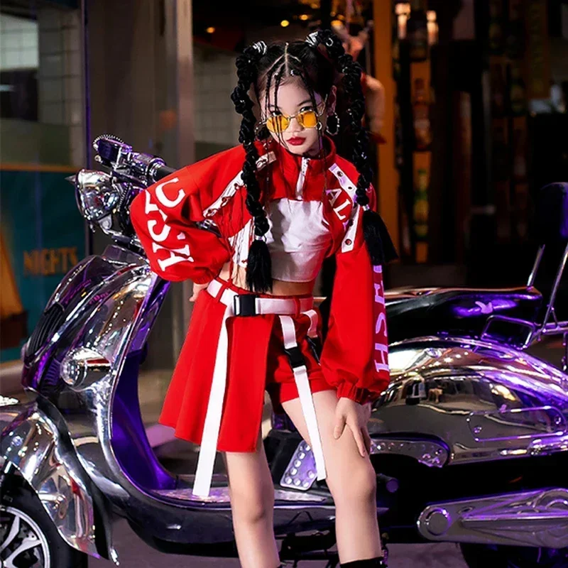 

Teen Girls Red Jazz Dancer Performance Costume Kpop Outfit Hip Hop Dancing Clothes Children Cheerleading Stage Clothing DL9942