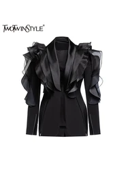 TWOTWINSTYLE  Asymmetric Long Jackets For Women V Neck Long Sleeve Spliced Button Slimming Casual Coats Female Style Clothes New
