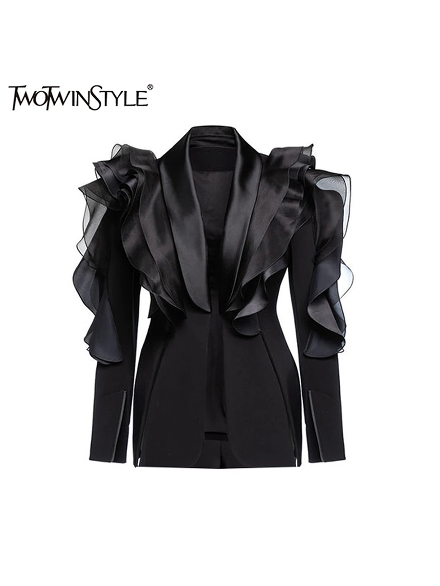 TWOTWINSTYLE  Asymmetric Long Jackets For Women V Neck Long Sleeve Spliced Button Slimming Casual Coats Female Style Clothes New