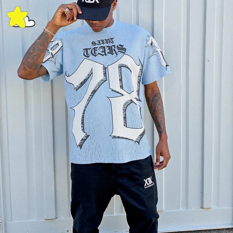 

Summer Breathable Quick Drying Vintage SAINT T Shirt High Quality Crack Digital Printing Tee White Light Blue Mesh T-Shirt Men
