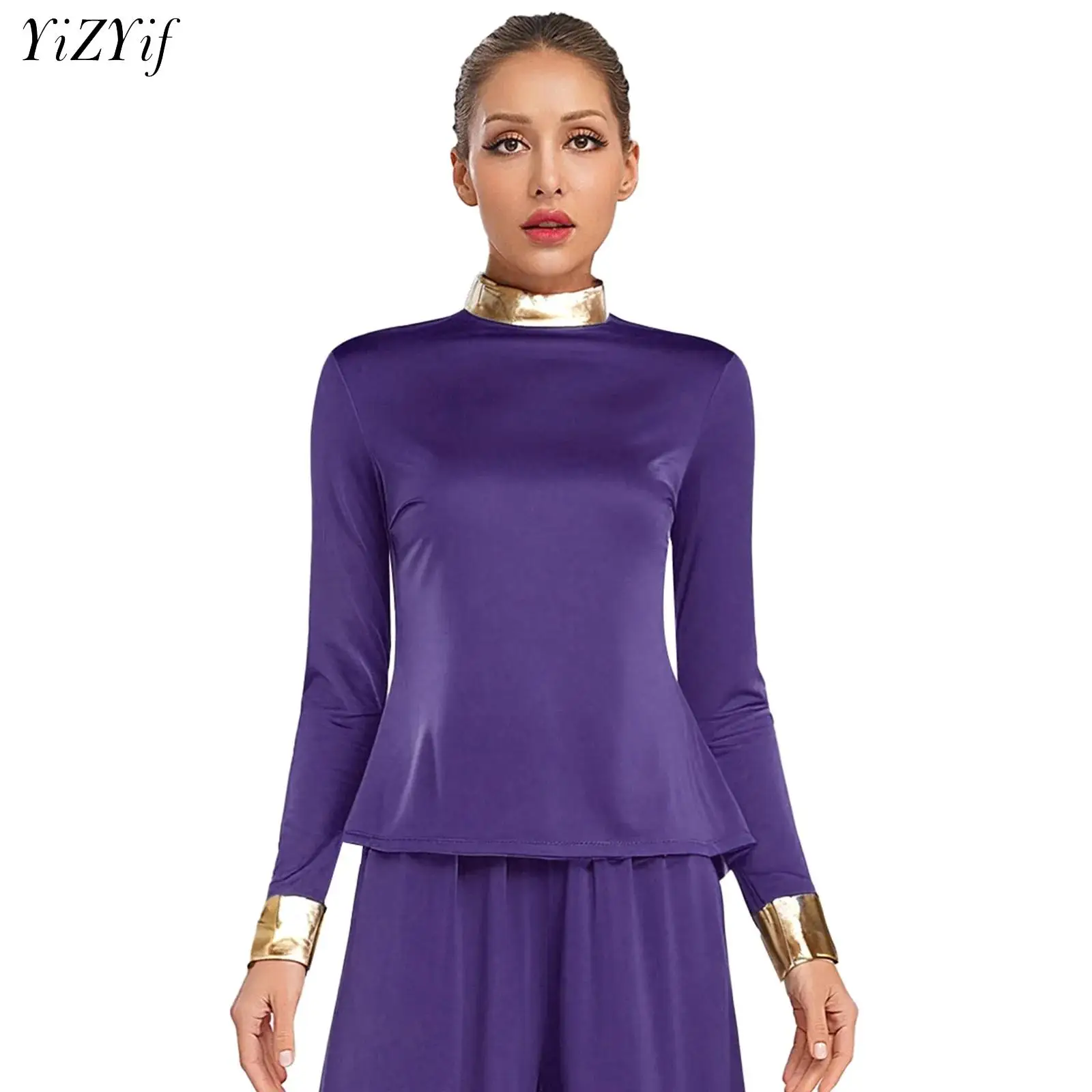 

Women's Metallic Style Worship Praise Dance Tops Long Sleeve Front Zip Worship Pullover Lyrical Dance Celebrations T-shirt