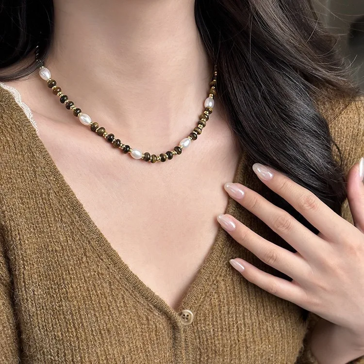 

New Arrival Trendy Natural Tiger's-eye Stone Freshwater Pearl 14K Gold Filled Female Beads Chain Necklace Jewelry Gifts No Fade