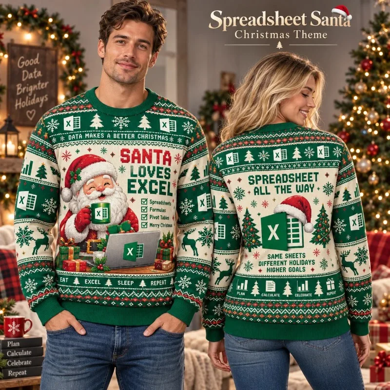 Spreadsheet Santa 3D Print Ugly Christmas Sweatshirt Funny Excel Data Lover Graphic Xmas Party Novelty Pullover for Men Women