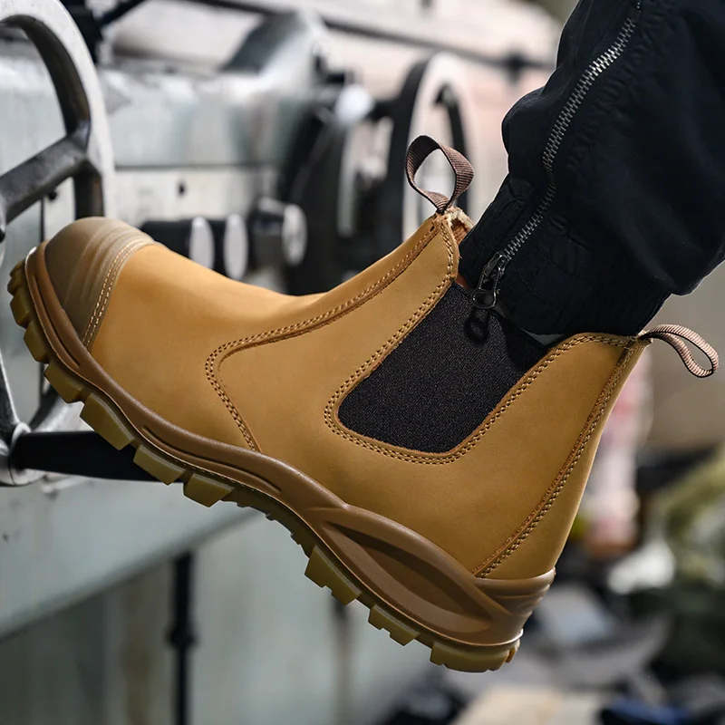 Botas de segurança de trabalho de couro genuíno para homens, botas Chelsea, biqueira de aço, couro protetor, soldagem indestrutível, sapatos