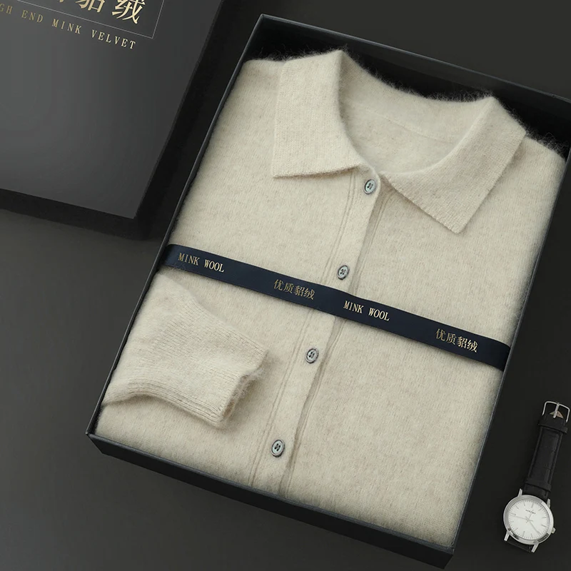 Autumn Winter New Men's Mink Cashmere Lapel Pullover T-Shirt Polo Collar Solid Color Wool Knitted Long Sleeve Sweater Business