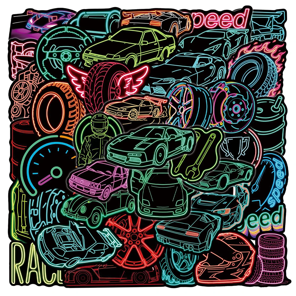 10/30/50pcs Neon Racing Car Stickers Cool Cartoon Decals DIY Notebook Phone Stationery Laptop Waterproof Graffiti Sticker Decor