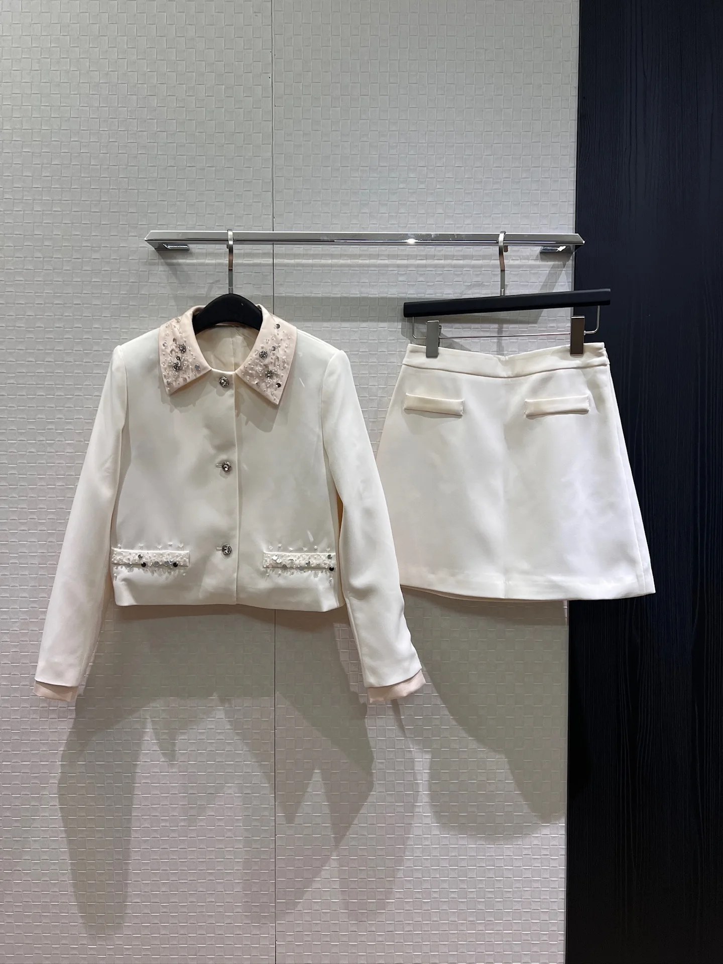 Women Lapel Short Jacket High Waist A‑line Skirt Set Sequins Rhinestones Decor