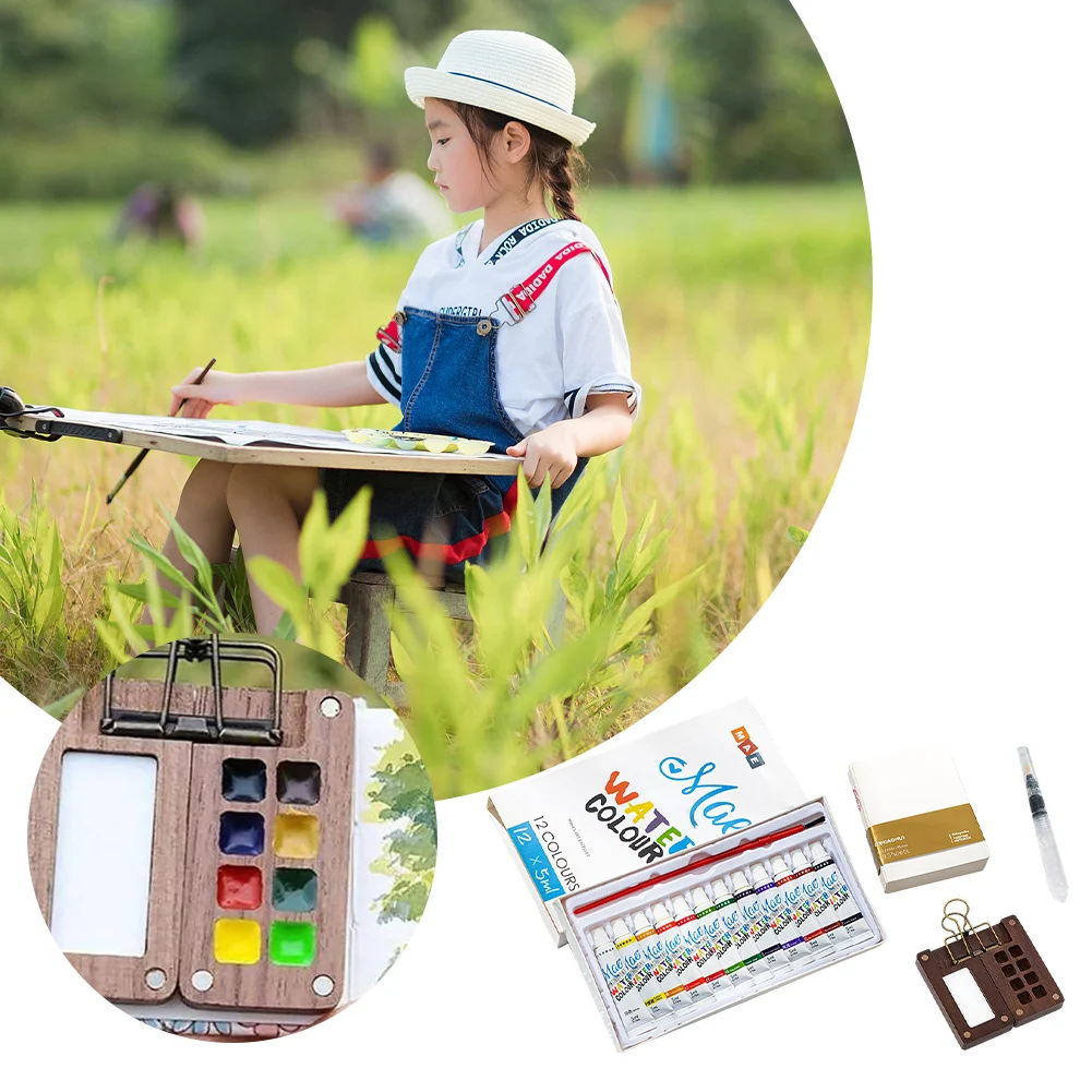 8 / 15 Grid Portable Sketchbook Palette Mini Walnut Wood Color Palette Box Travel Watercolor Case For Drawing (With Colors)