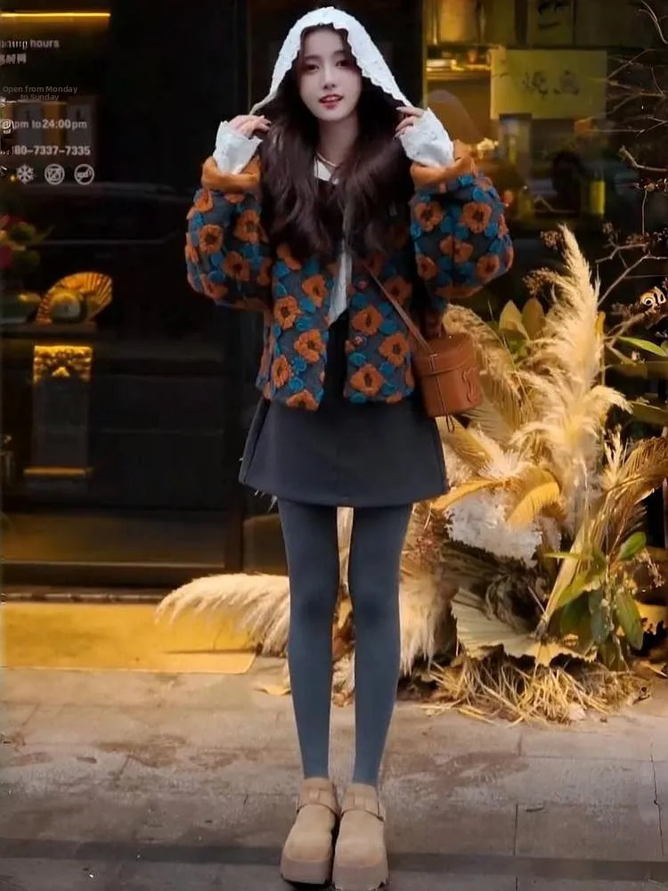 Faionable Warm ort Bloemenprint Losse damesjas 2024 Winter Nieuwe Sle Ele Personali Merk Hot Fire Beau