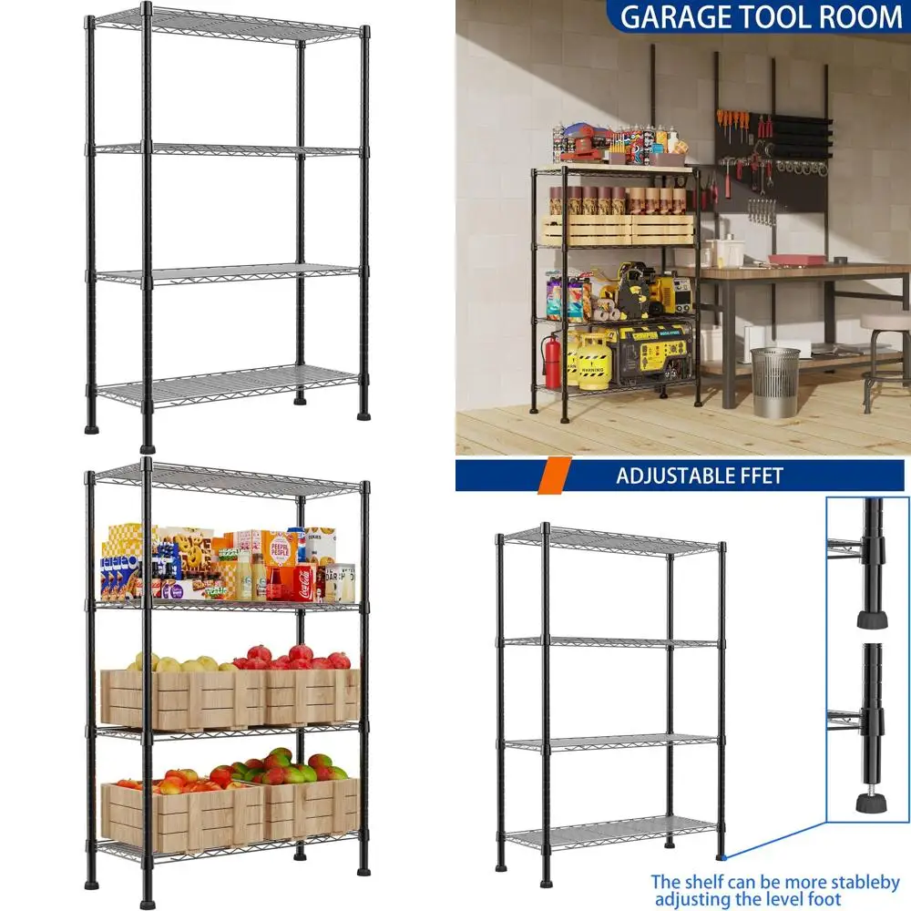 

Adjustable 4-Wire Metal Storage Rack, Space-Saving Shelves for Home, Kitchen, Laundry, and Pantry (Black, 14.1D x 30W x 54H)