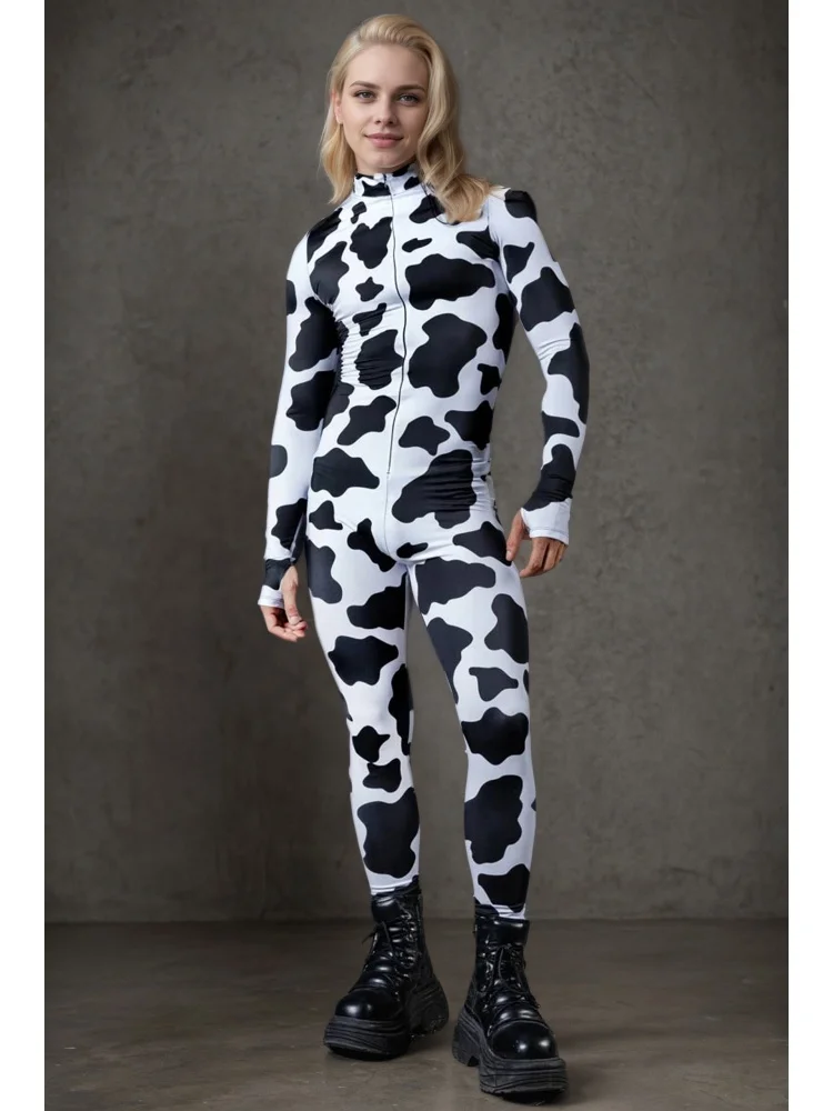 Paar-Kostüm mit Kuhmuster, Zentai-Anzug, Ganzkörper-Bodysuit aus Spandex für Damen und Herren, Halloween-Cosplay-Kostüm, Tierdruck-Party-Jumpsuit – Detail 2