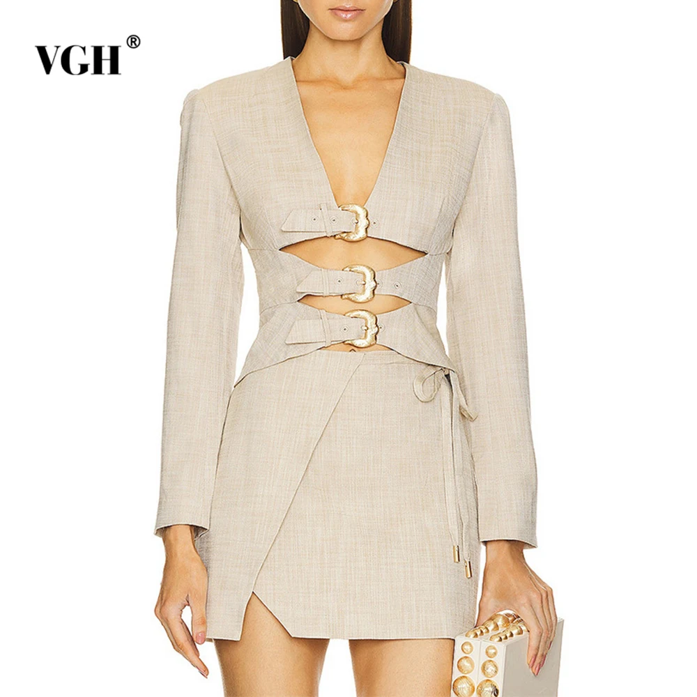 

VGH Sexy Hollow Out Slimming Two Piece Sets For Women V Neck Long Sleeve Top High Waist Mini Skirt Elegant Set Female Fashion