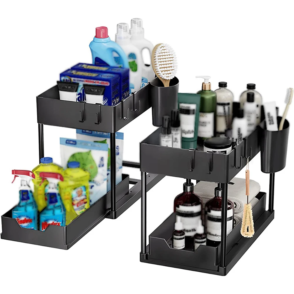 2Tier Under Sink Organizer Sliding Cabinet Basket Organizer with Hooks Hanging Cup Storage Rack Bathroom Kitchen Organizer Black