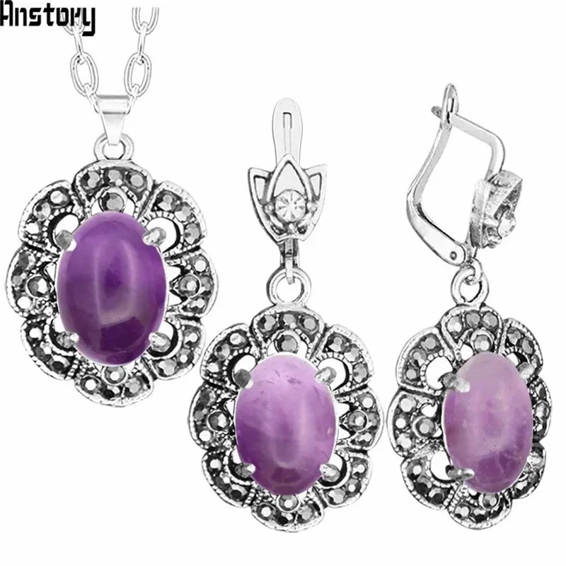 Natural Amethysts Necklace Earrings Jewelry Set Rhinestone Retro Craft Plumflower Antique Silver Plated Jewelry For Women TS427