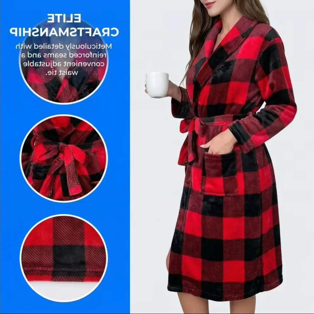Fleece Robe for Women Soft Plush Thick Warm Bathrobe Winter Belted Fuzzy House Coat Fluffy Nightgown with Pocket