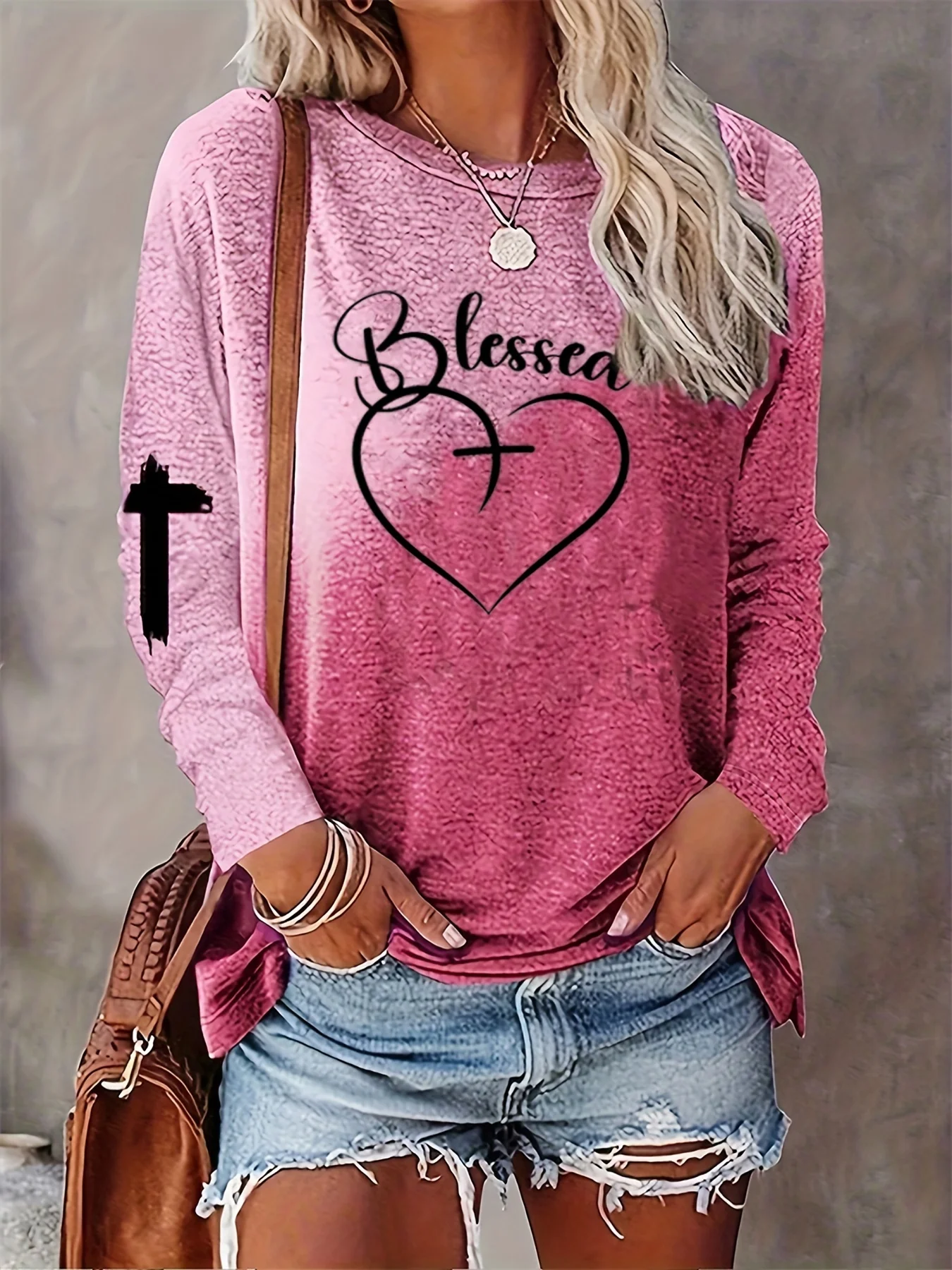 2024 New Heart & Letter Print Women\'s T-shirt Graphic Shirts Long Sleeve Blouse Crop Top Plus Size Women\'s Clothing Female