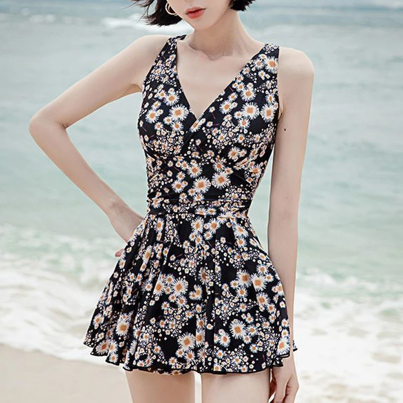 2023 Women Floral Print Ruched Sweet One Piece Swimsuit Summer V Neck Push Up Sexy Beach Mini Dress Swimwear Slim Bathing Suits