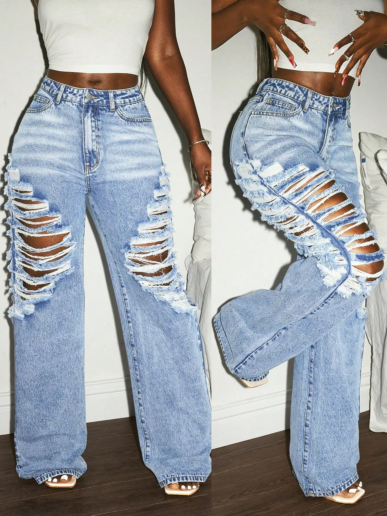 

Женские джинсы с высокой талией, широкими штанинами и рваными деталями