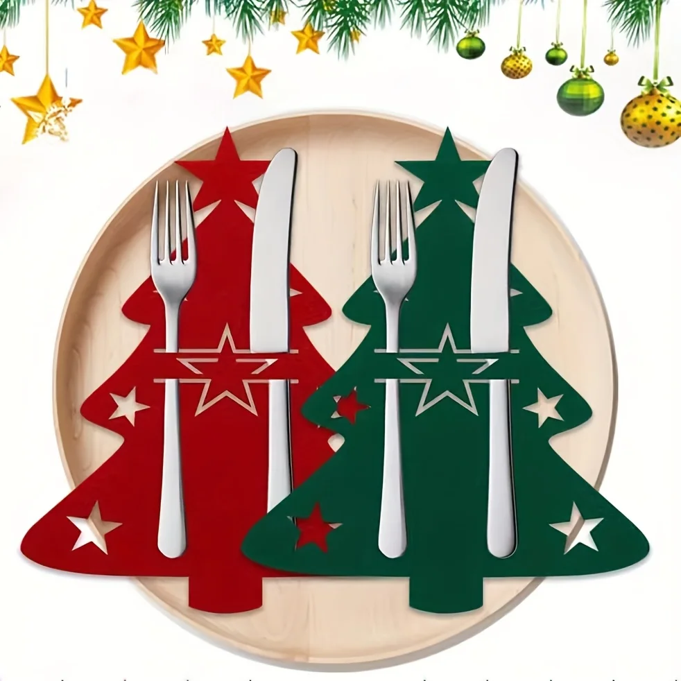 12/24 Stück Filz-Tischdekorationen für Weihnachten, einschließlich Besteckhalter und Tischsets in Form wie Weihnachtsbäume.