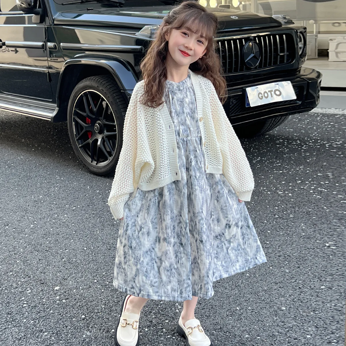 Two-piece Set Dress Ins Girls Set Spring/summer Breathable Knitted Cardigan Jacket Long Dress Fashionable Photo for Going Out