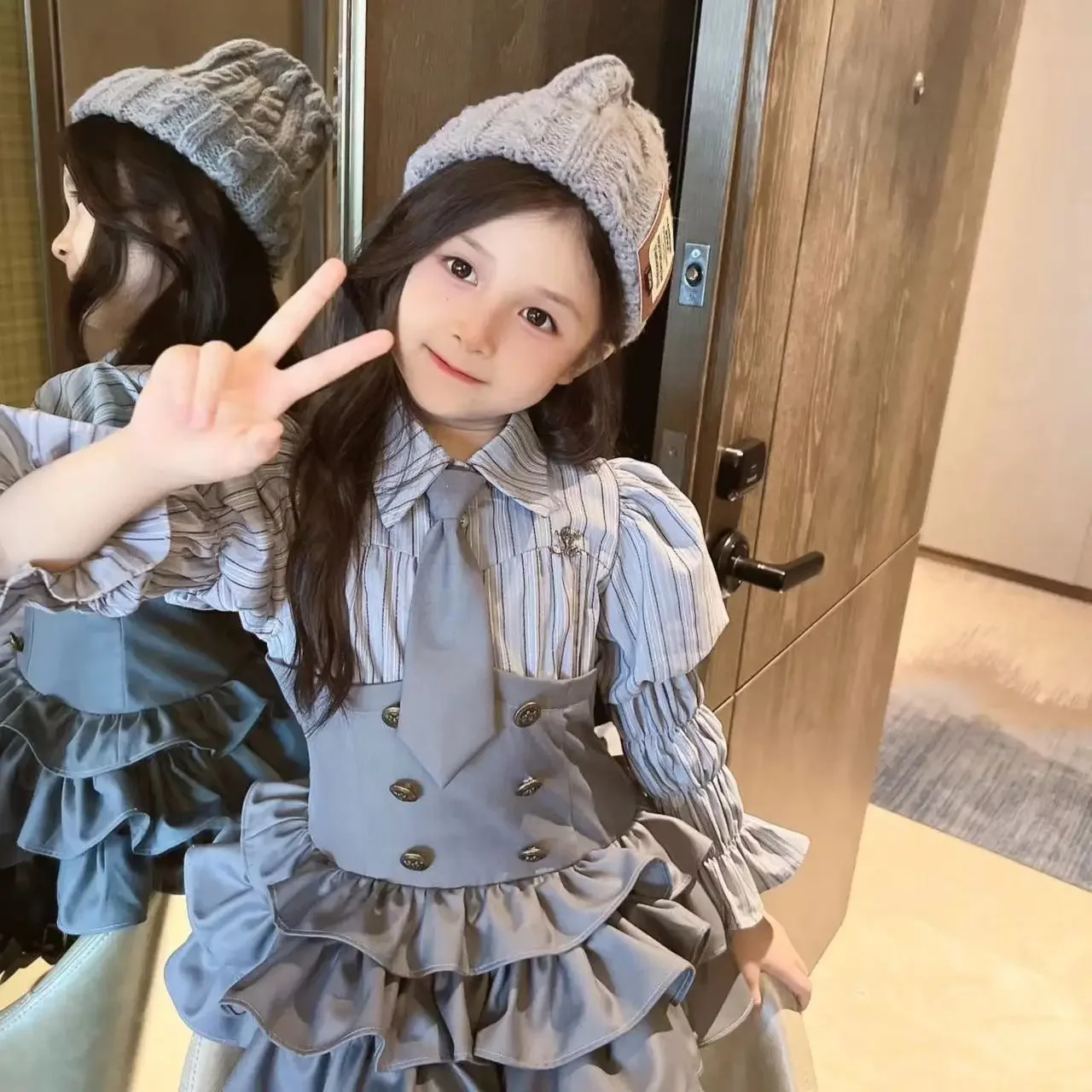 Kids Girl Spring Autumn Cake Dress Elegant Puff Sleeve Stripe School Uniform  Princess Grey Girls Gentlewoman Children Clothes