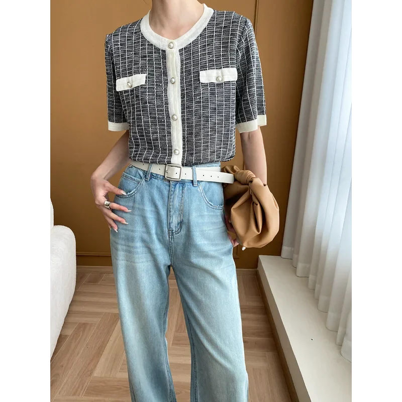 

Small Fragrance Loose O Neck Short Sleeve Knit Cardigan Women Summer Casual Korea Chic Striped Wild French Lady Summer Top