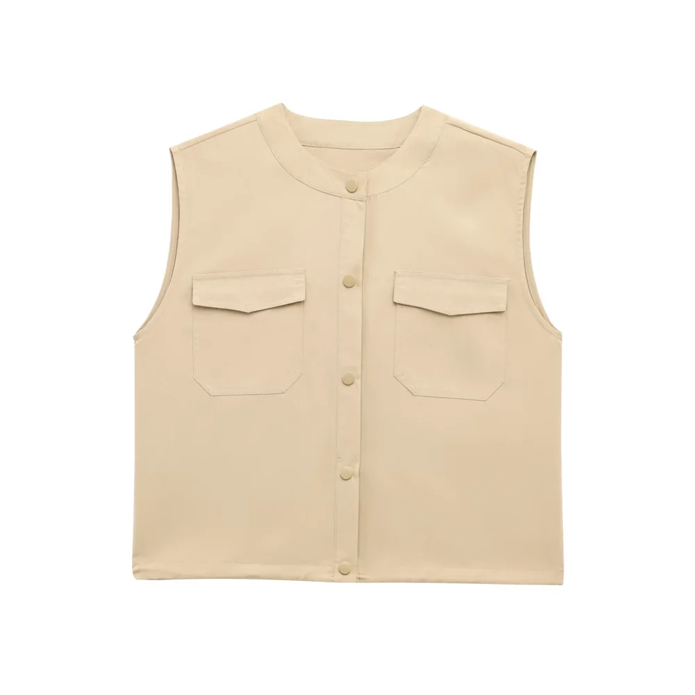 

PB&ZA 2025: женский бежевый жилет без рукавов, модный дизайн на пуговицах спереди с двумя карманами, идеально подходит для весенней модной одежды