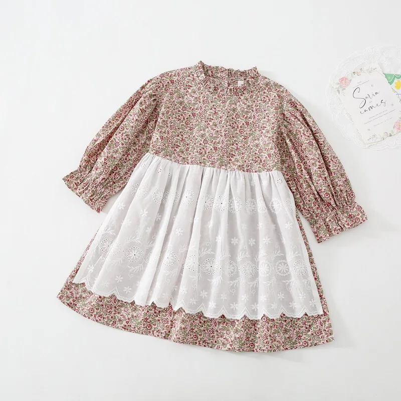 Girls Skirt 2026 Spring and Autumn New Childrens Clothing Korean Style Girl Baby Hollow Embroidery Splicing Floral Dress