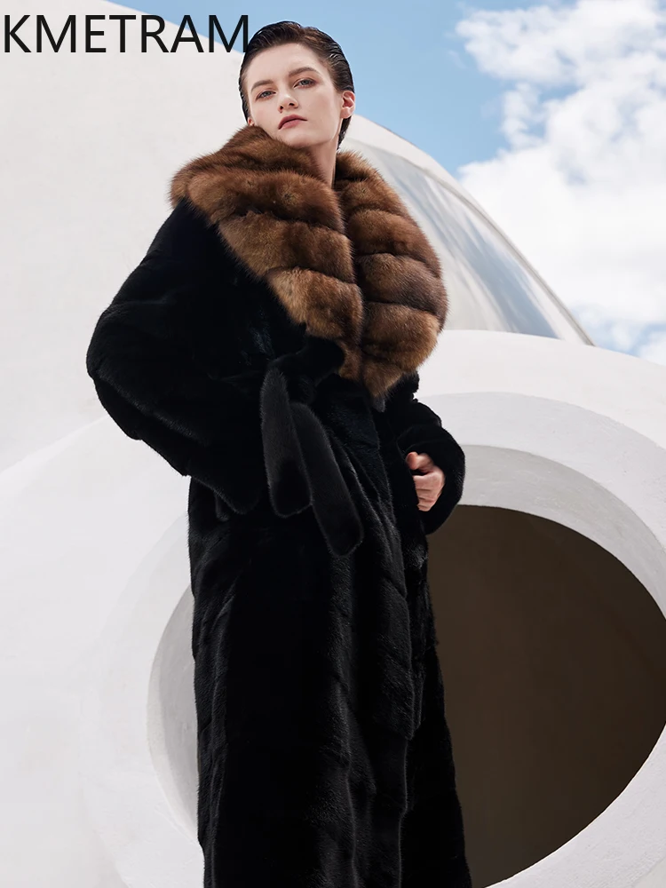100% Natural Mink Fur Jacket Woman High Quality Long Real Fur Coat Sable Collar Winter Coats Women Clothing 2025 шуба женская