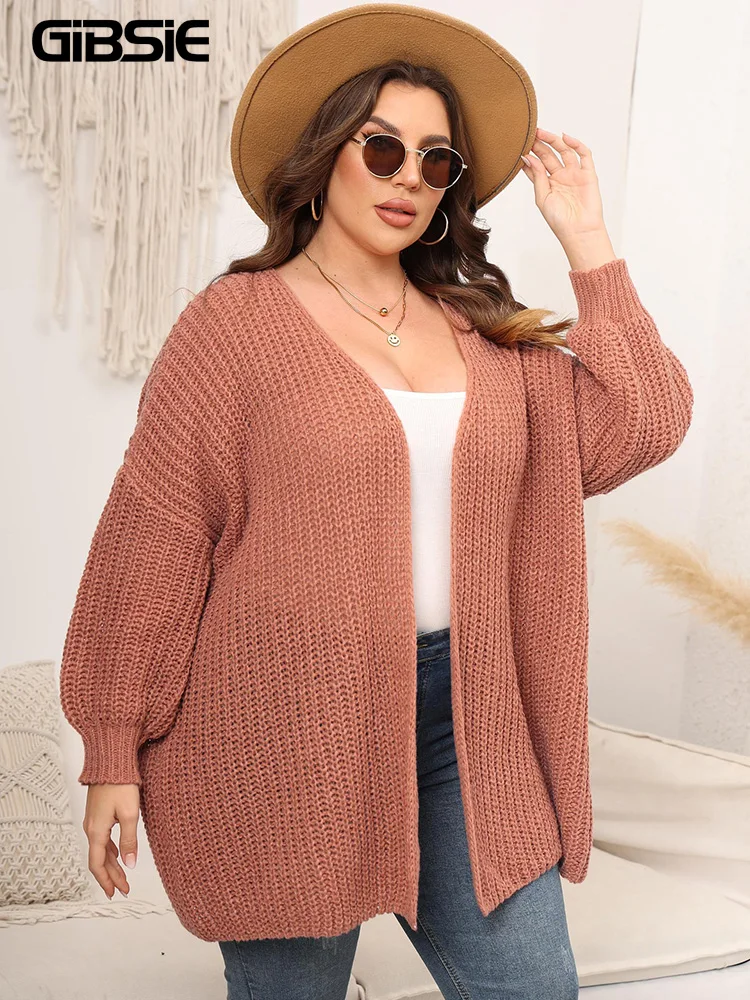 GIBSIE Plus Size Cardigan lungo oversize da donna autunno inverno spalla scesa manica lunga aperto davanti Cardigan lavorato a maglia cappotti maglione