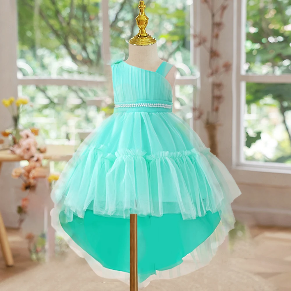 

Toddler Girl Trailing Flower Birthday Tulle Dress Single Shoulder Beading Wedding Gown Kids Party Princess Dress Newborn Baby