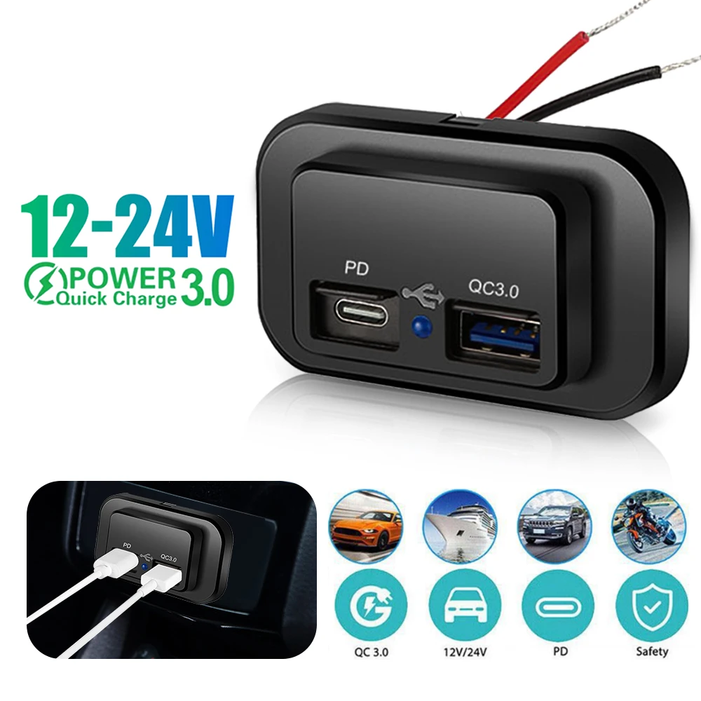 QC3.0 PD Dual USB Port Car Charger Socket 12V 24V Phone Charging Outlet Power Adapter for Motorcycle Camper Truck ATV Boat RV