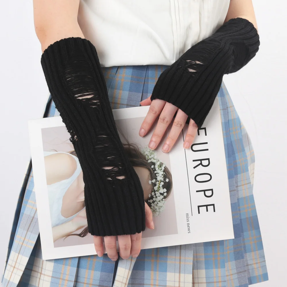 1 Pair White Black Gothic Punk Ripped Arm Warmers Fingerless Cuff Knit Gloves Winter Harajuku women Knitted Stretch Mittens