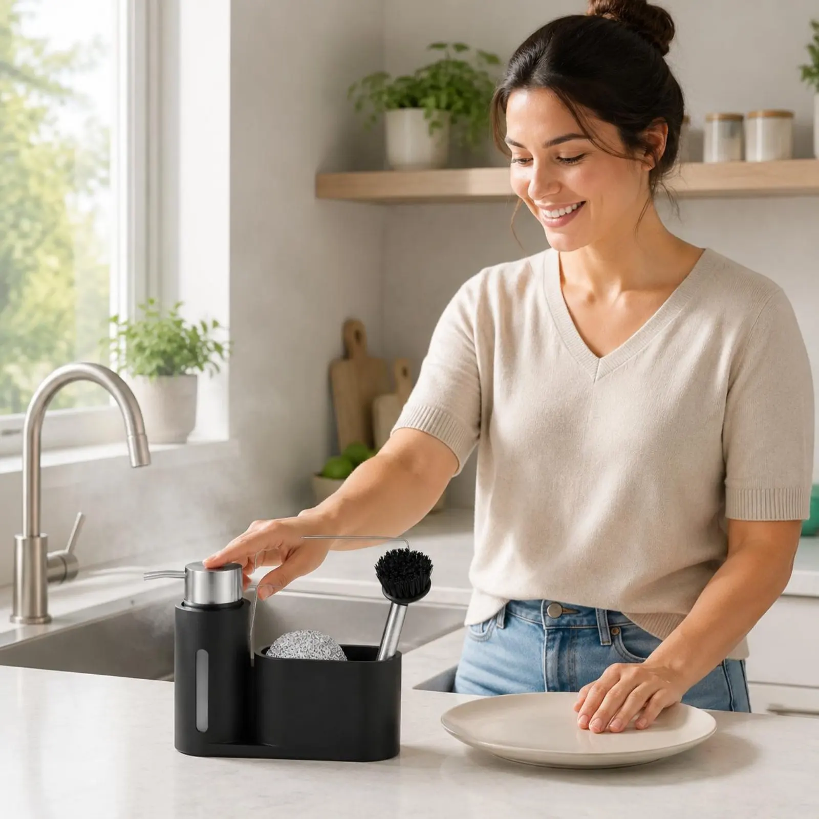 Dish Soap Dispenser Set Multi-Purpose Soap Dispenser Set Kitchen Sink Holder Eco-Friendly Sink Holder Tray Stainless Steel