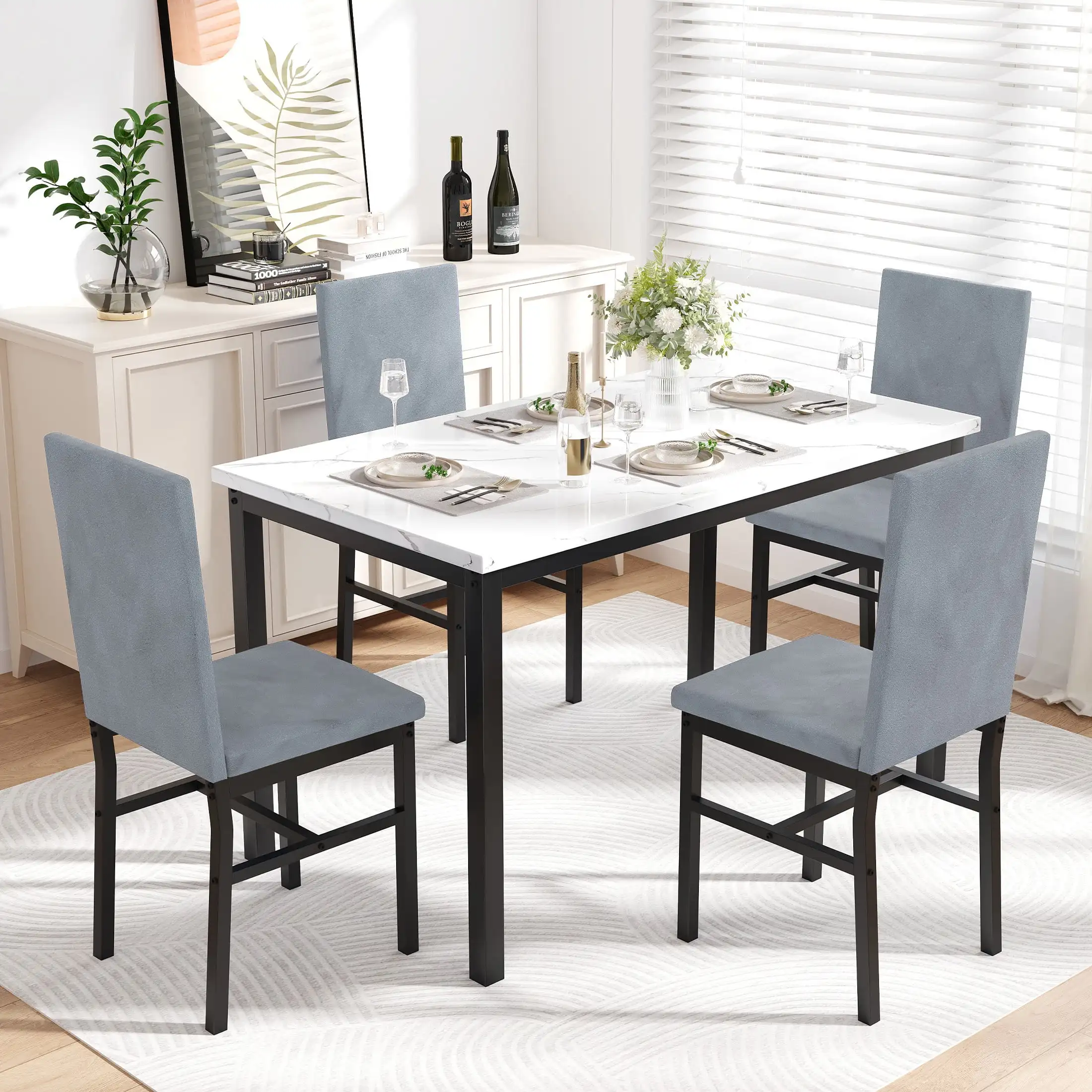 

5 Piece Dining Room Table Set Modern Dining Table Sets with Gray Velvet Upholstered Chairs for 4 Faux Marble Pattern Rectangle