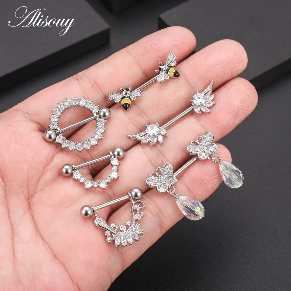 Alisouy 2PC Cute Nipple Piercings Barbell Stainless Steel Crystal Nipple Shield Cover Heart Flower Nipple Rings Jewelry Body