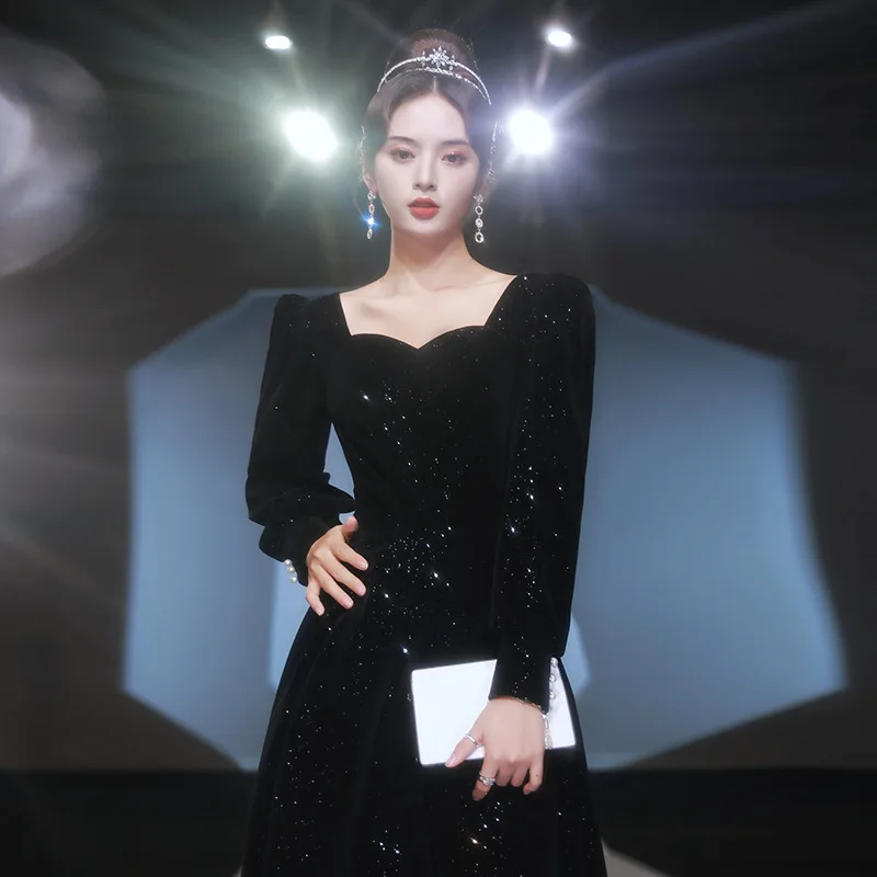 Autumn Black Velvet Sequins Evening Dress New Long Sleeve Celebrity Long Style Student Art Evening Dress Annual Meeting Show