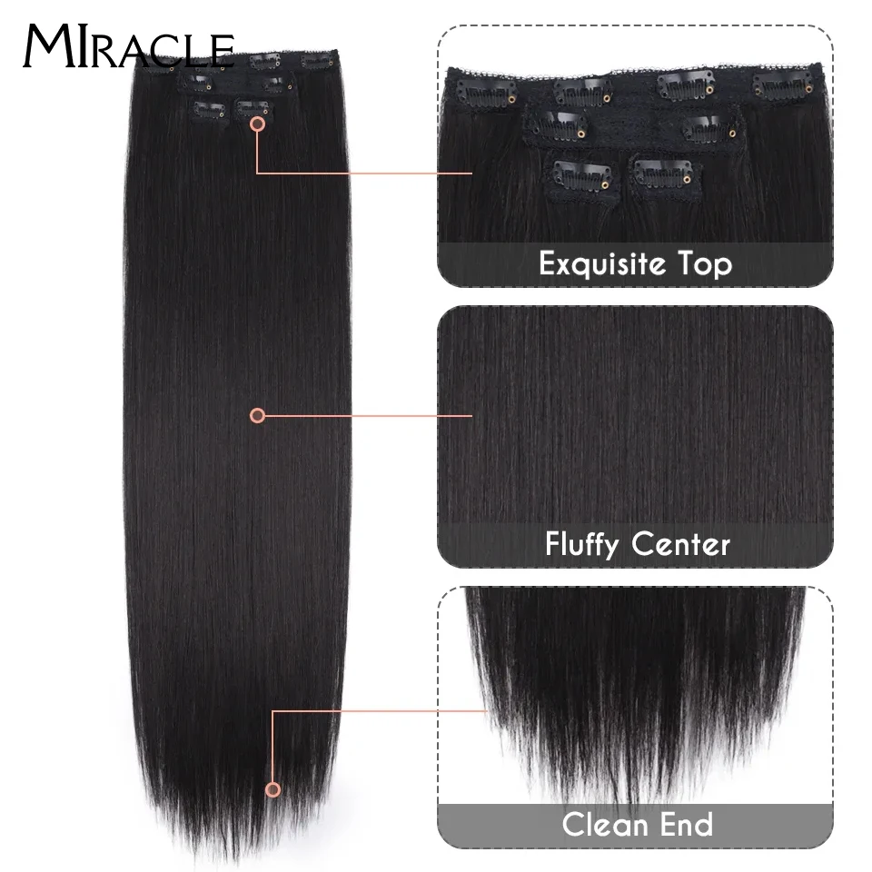 MIRACLE Synthetic Clips In Hair Extensions Long Straight Hairpiece Blonde 4 Set/pack 60CM Synthetic Hair 8 Clips Hair For Women