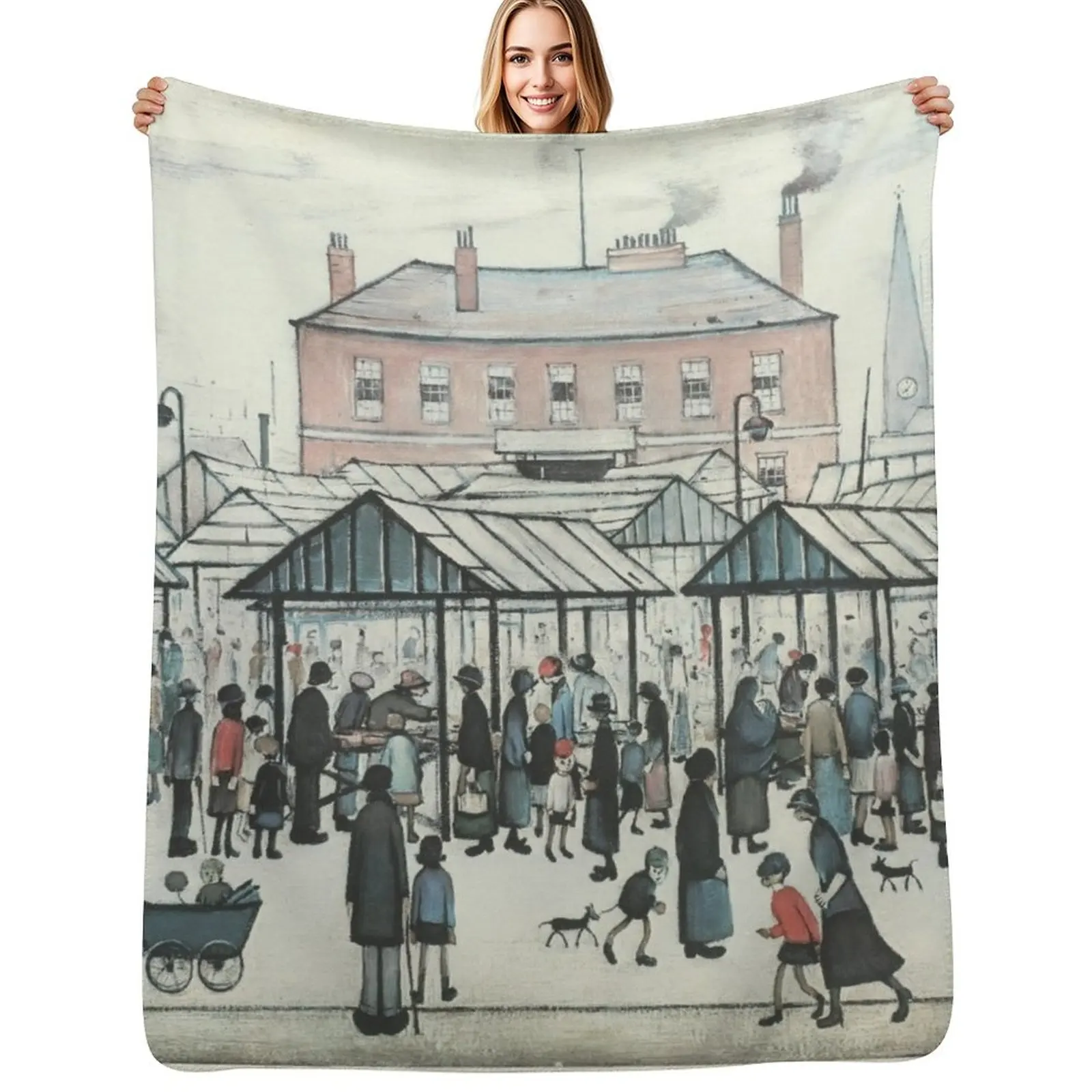 

Market Scene, Northern Town, 1939 by L S Lowry Throw Blanket Stylish Decor Blanket Gift for Friends Roommate
