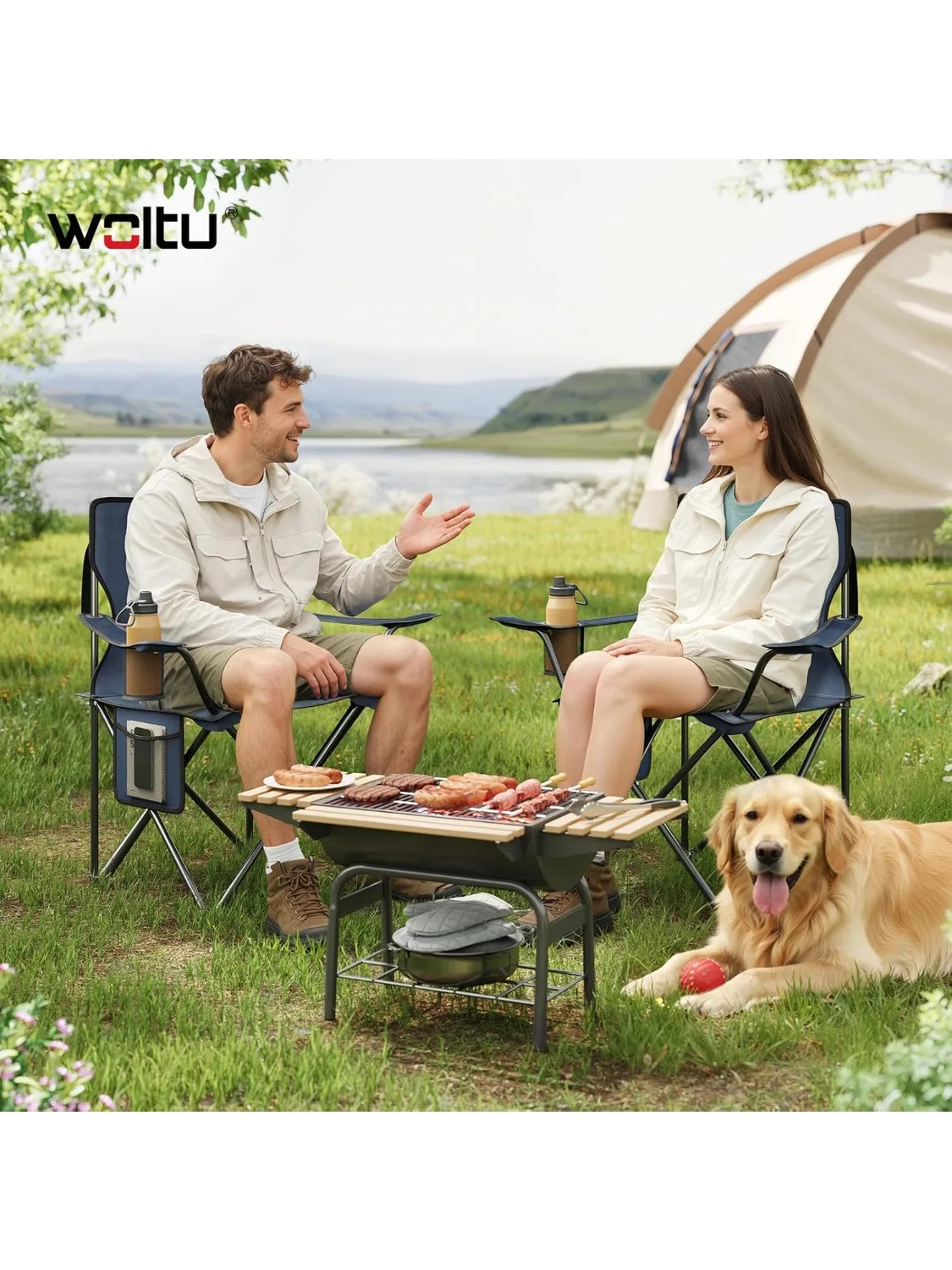 WOLTU 2 Stück/Set Outdoor-Strand-Campingstuhl mit Tragetaschen, Getränkehalter, Seitentasche für Camping, Angeln, Picknicks, Garten
