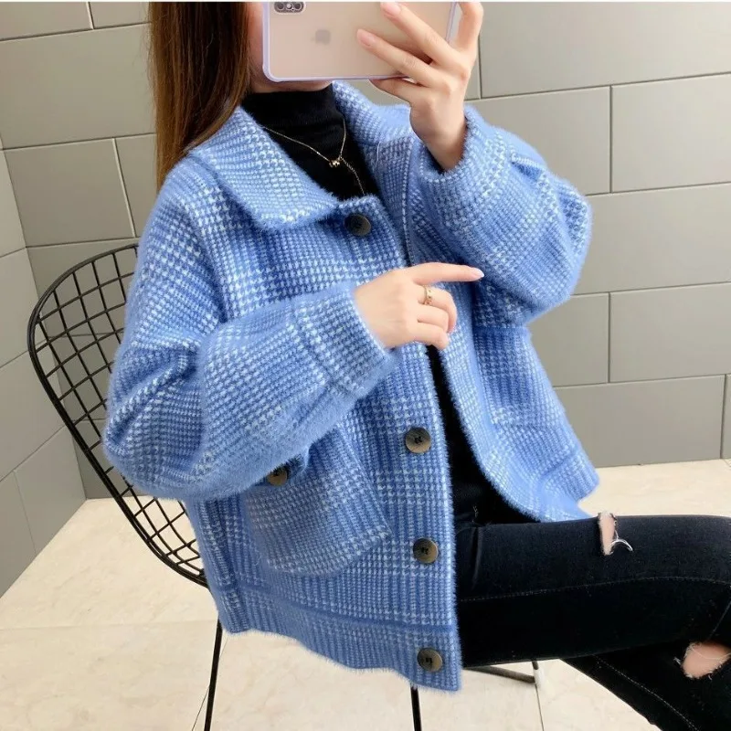 Mink Cashmere Plaid Knitting Cardigan Coat Women Autumn Winter Simplicity Fashion Solid Color Sweater All-match Knitwear Tops