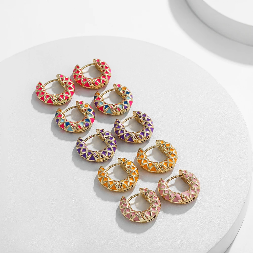 Vintage Enamel Colorful Argyle Round Circles Huggies for Women Ethnic Geometric Pattern Gold Plated Hoop Earring Ear Buckles